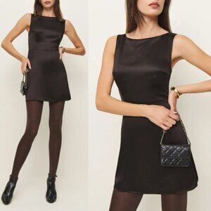 Reformation‎ Zenni Mini Dress Mole Brown Satin Jewel Neck A-Line Size 10